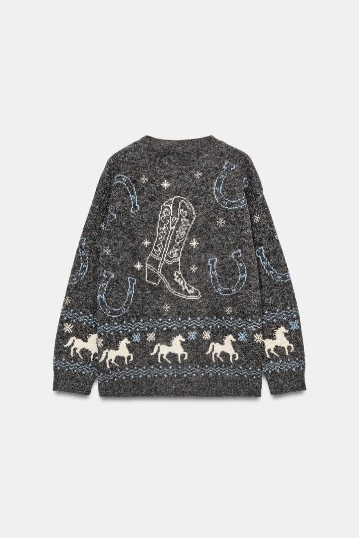 完売品 ZARA ジャカードニットボタンカーディガン L 馬柄セーター