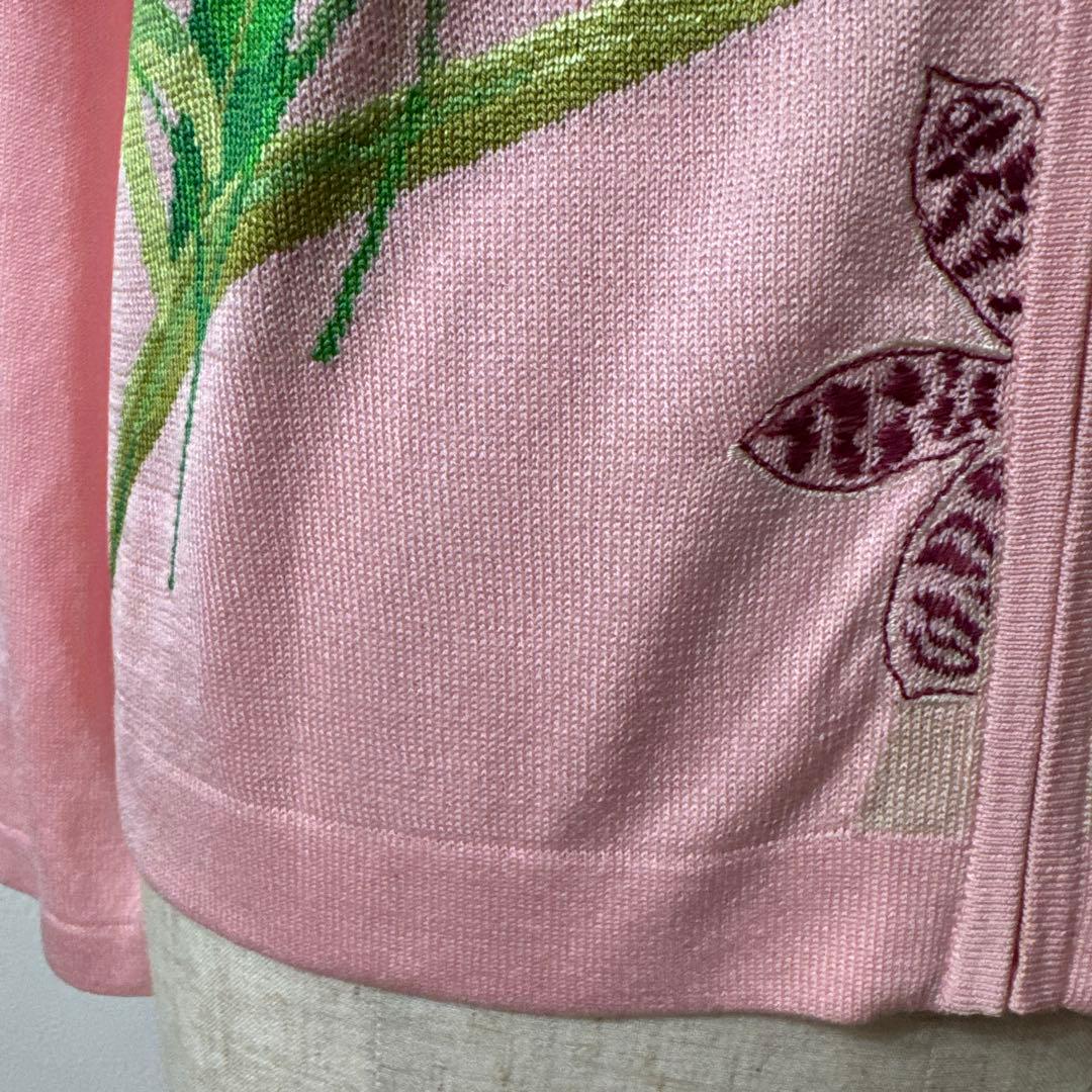 レオナール　カーディガン　ジップ　花柄　刺繍　ピンク