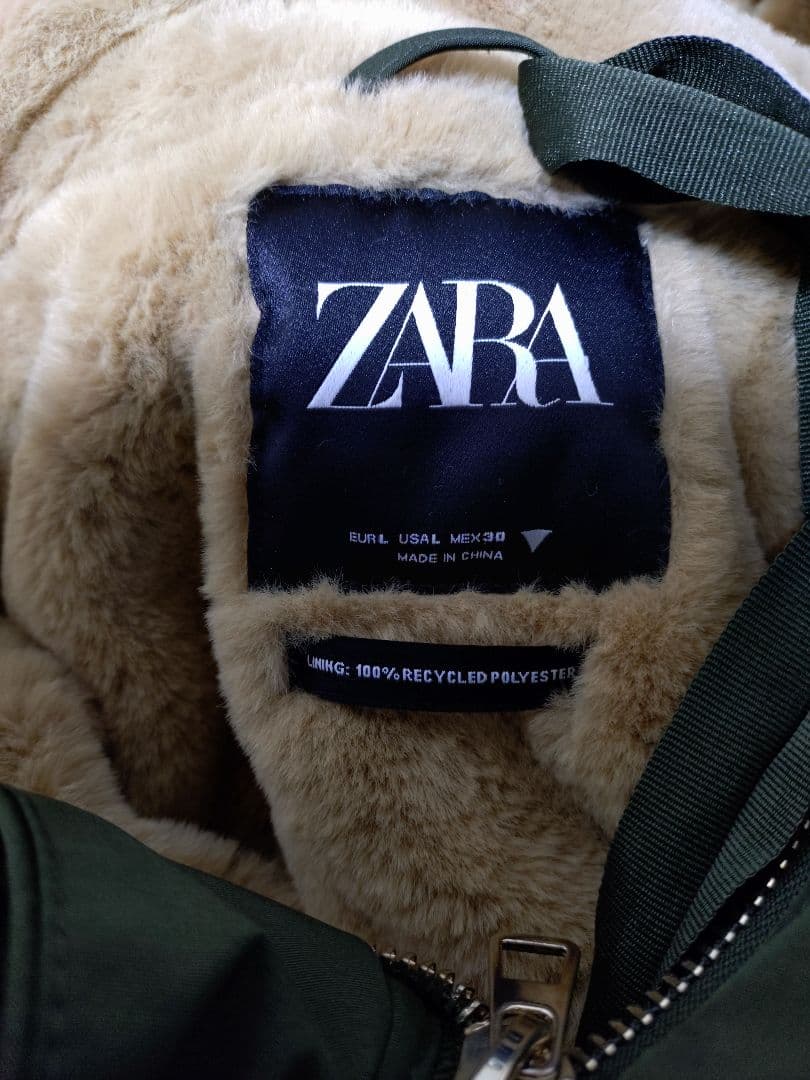 ZARA ファー付きモッズコート カーキ Lサイズ 綺麗目・Aライン