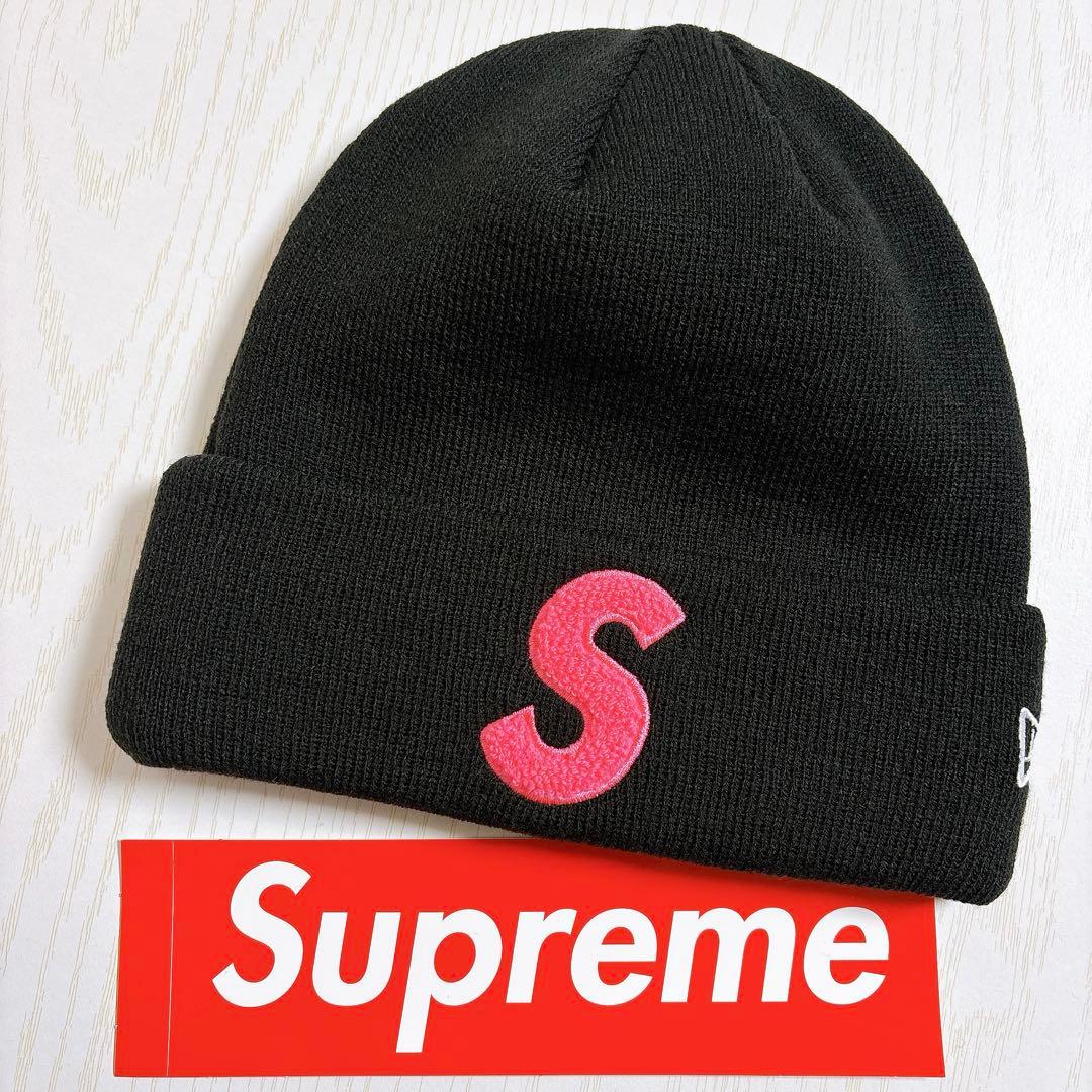 Supreme NEW ERA ニット帽　ビーニー　Sロゴ ブラック　ピンク