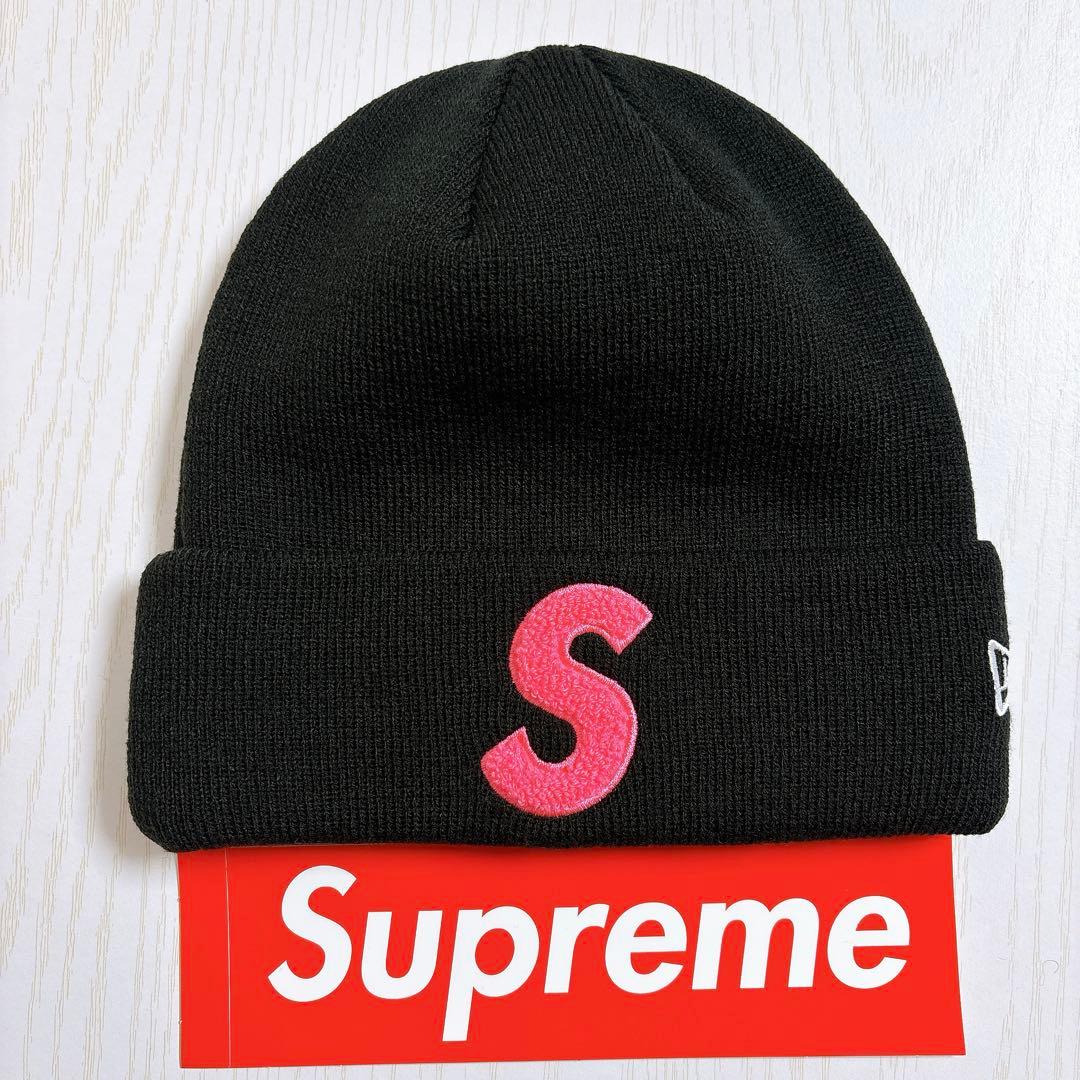 Supreme NEW ERA ニット帽　ビーニー　Sロゴ ブラック　ピンク