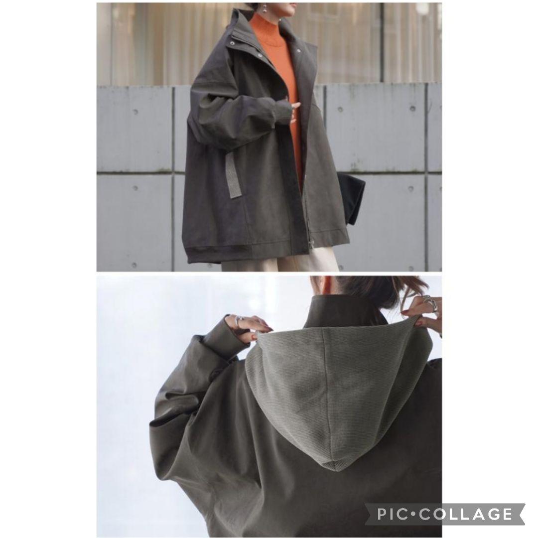 【新品】ハグユー 異素材フェイクレザーコート 2wayフード スモークグレー