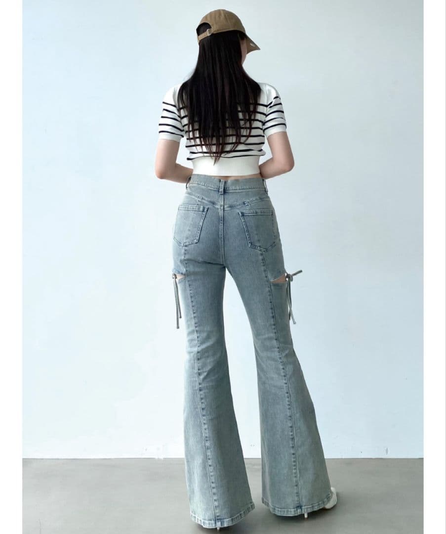 美品 RESEXXY カットアウトリボンデニムパンツ ライトブルー Sサイズ