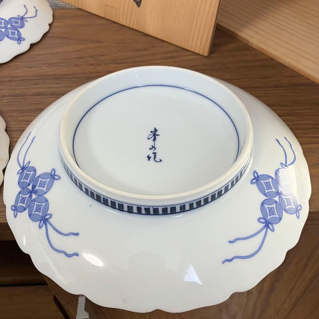 伊万里　輪花　七寸皿　赤絵松竹梅図　鍋島　柿右衛門様式　峯山作　櫛高台　5枚