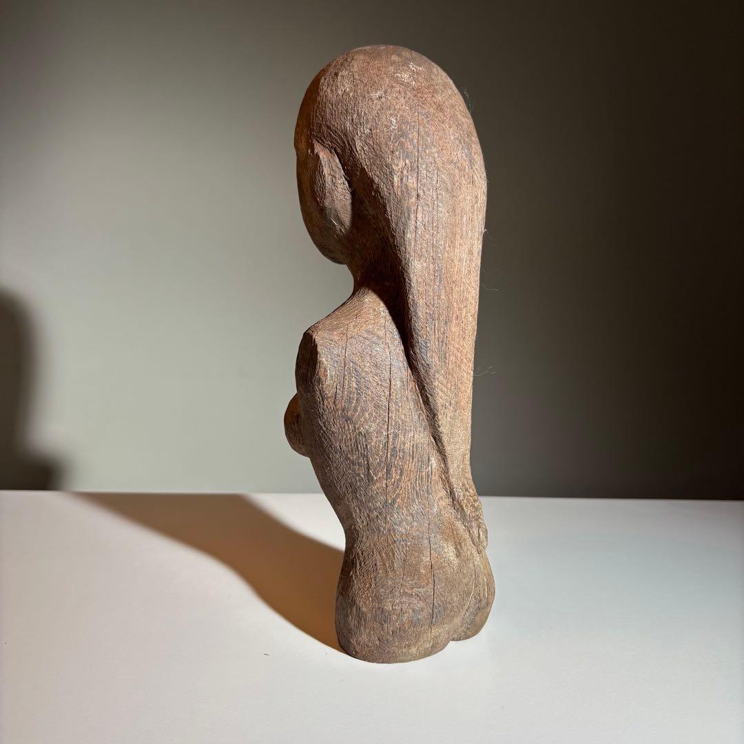 木彫りの女性の胸像 プリミティブアート 現代芸術 オブジェ 置物 フォークアート
