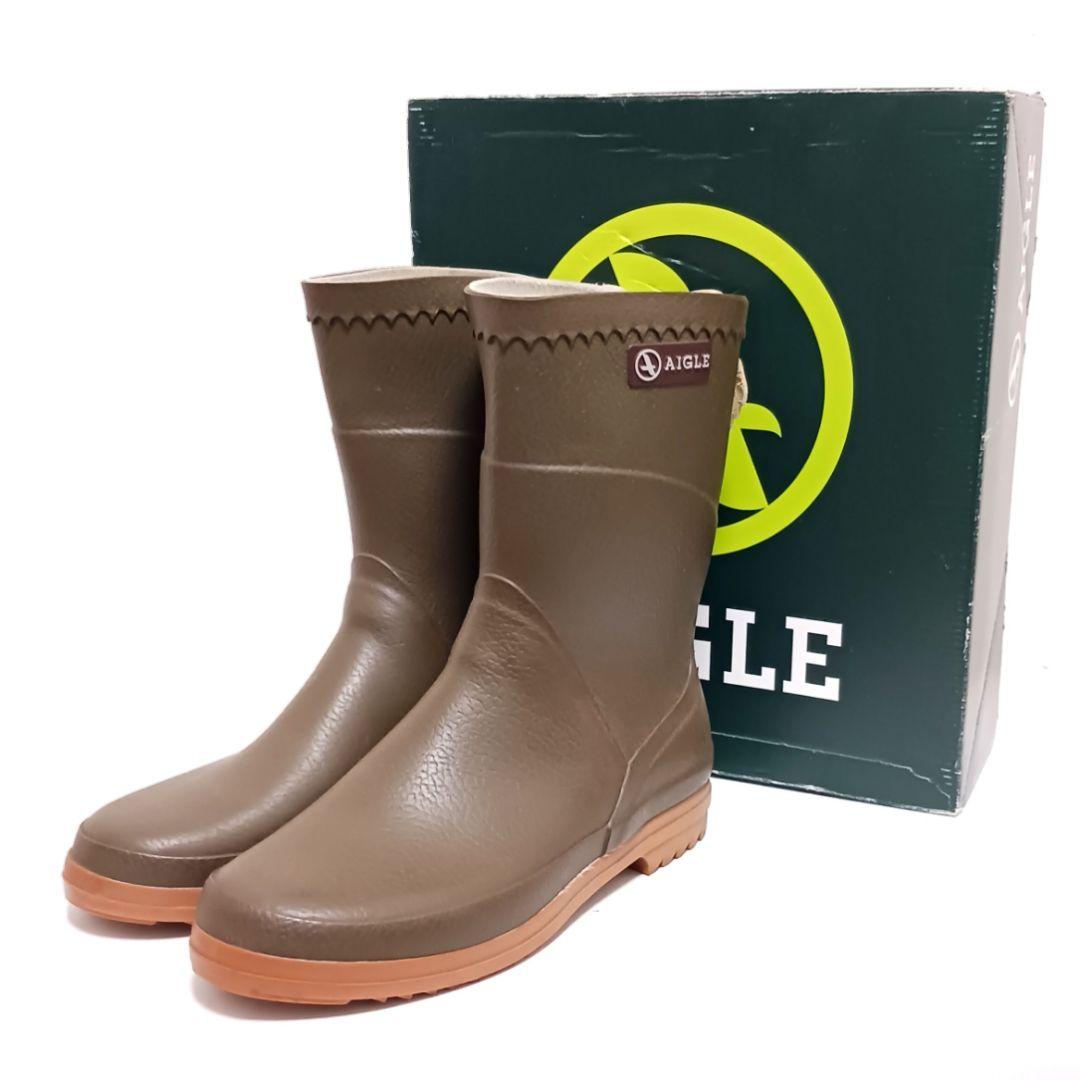 美品「AIGLE」エーグル レインブーツ 39 レディース カーキ