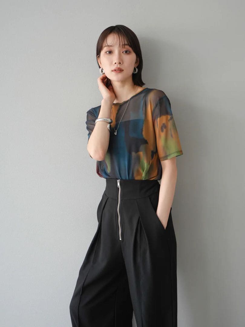 ameri様 水彩アートシアーTシャツ 総柄シアー半袖プルオーバー Lumier