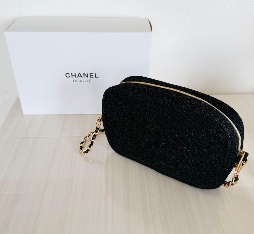 CHANEL 黒ノベルティコフレポーチ☆新品ラメ入りショルダーストラップ付