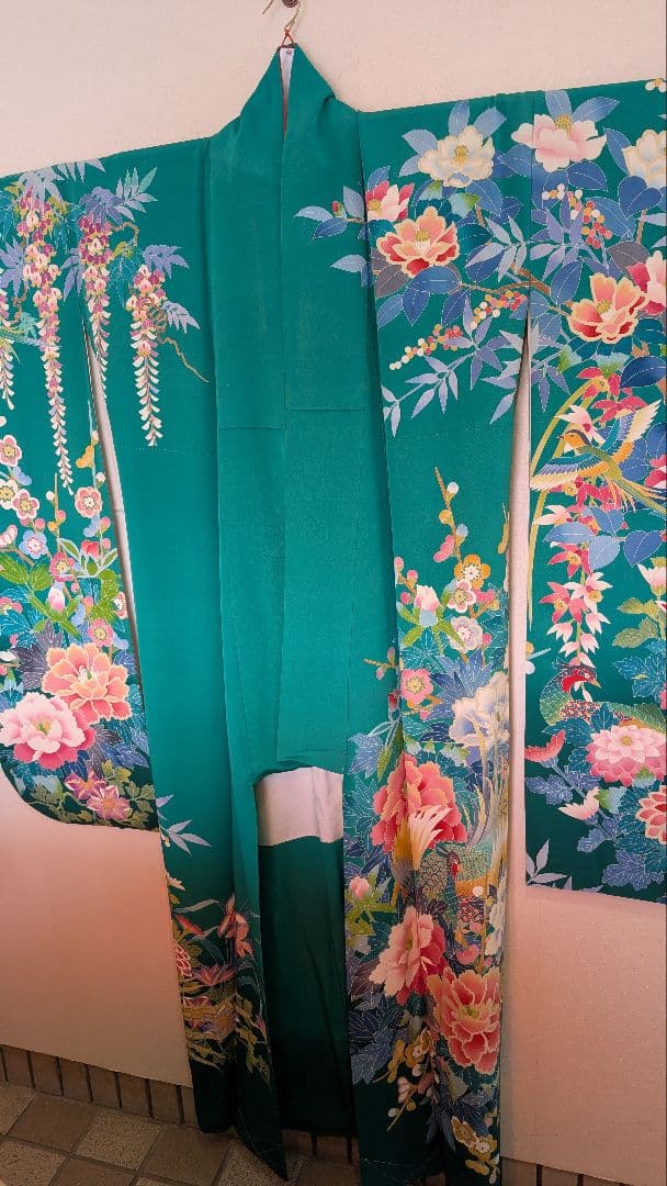 【超美品】緑色 花柄 鳥刺繍 振袖と 長襦袢セット♪