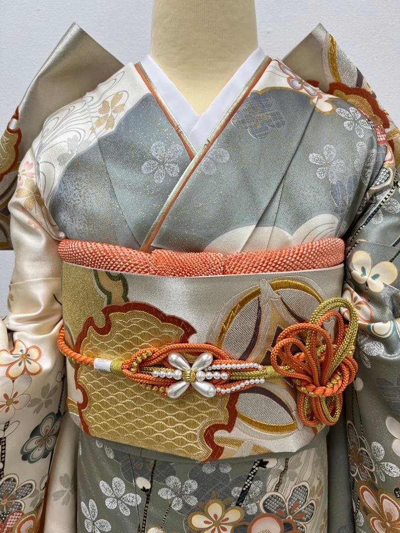 振り袖　フルセット　長襦袢　金彩加工　刺繍入り　白　桜　梅　成人式　839