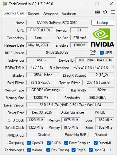 ASUS STRIX GeForce RTX3060 OC 12GB 動作確認済