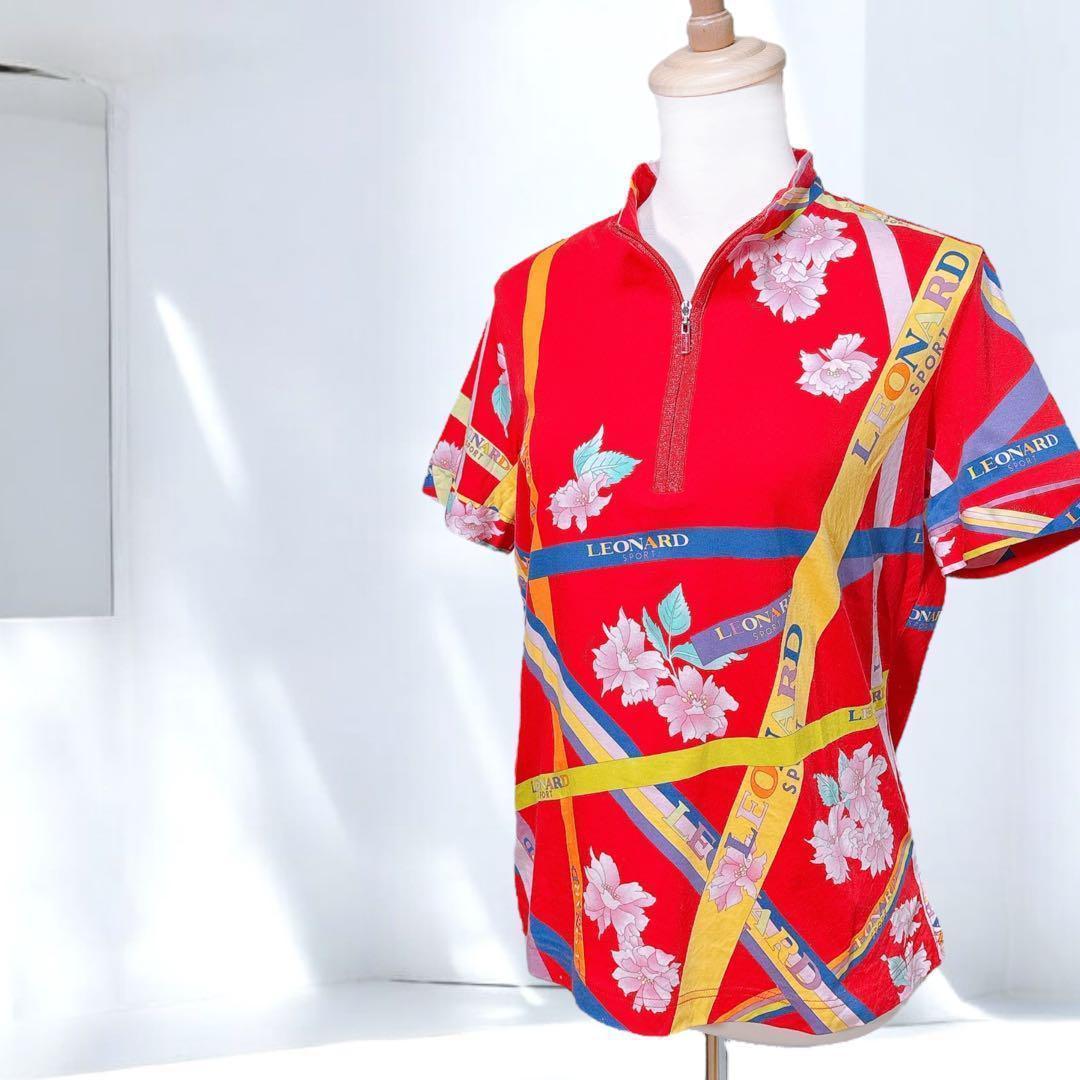 【美品】レオナール（XL）半袖ポロシャツ/花柄/ゴルフウェア/ハーフジップ