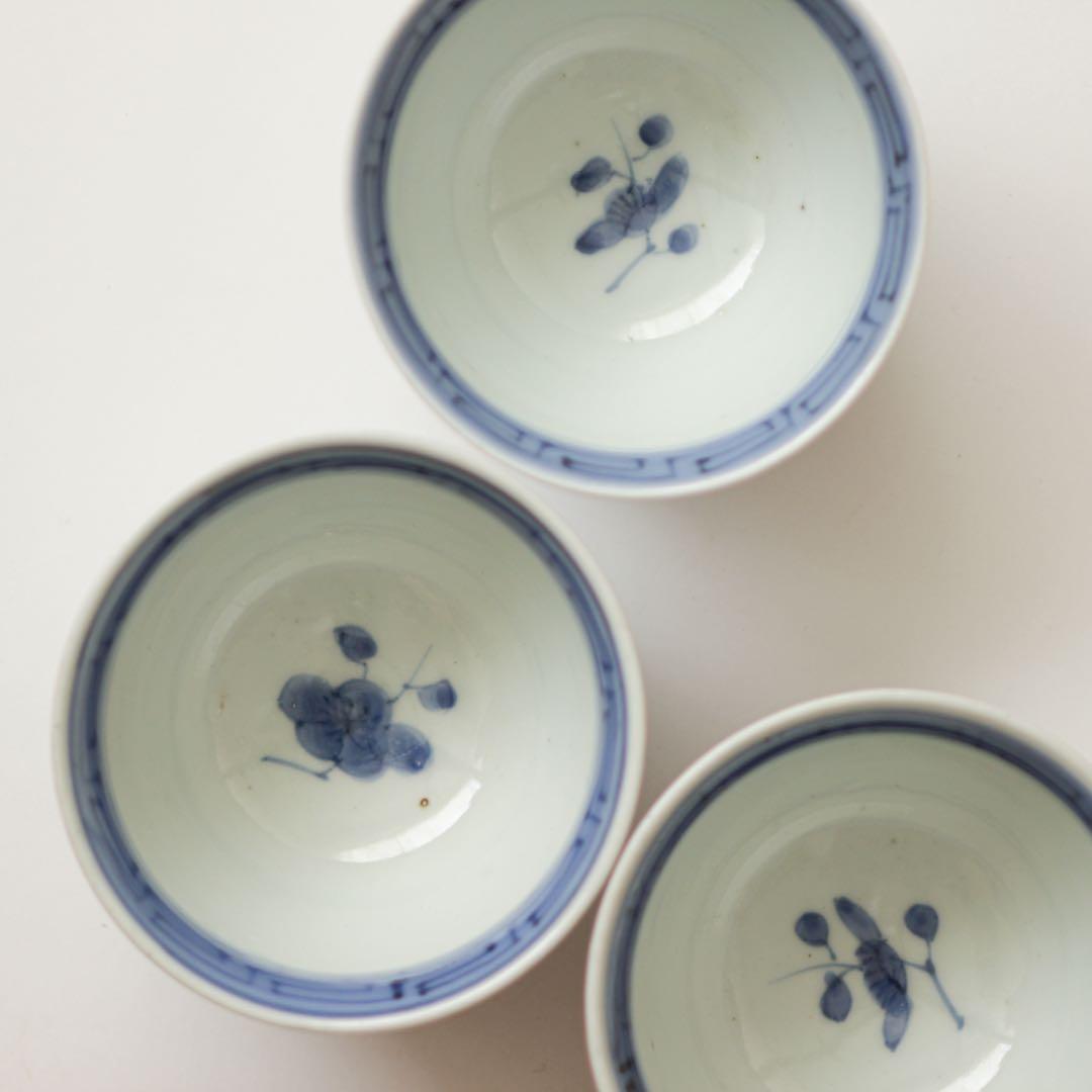古伊万里　伊万里　江戸　後期　幕末　梅　向付　茶器　煎茶碗　染付　3客セット