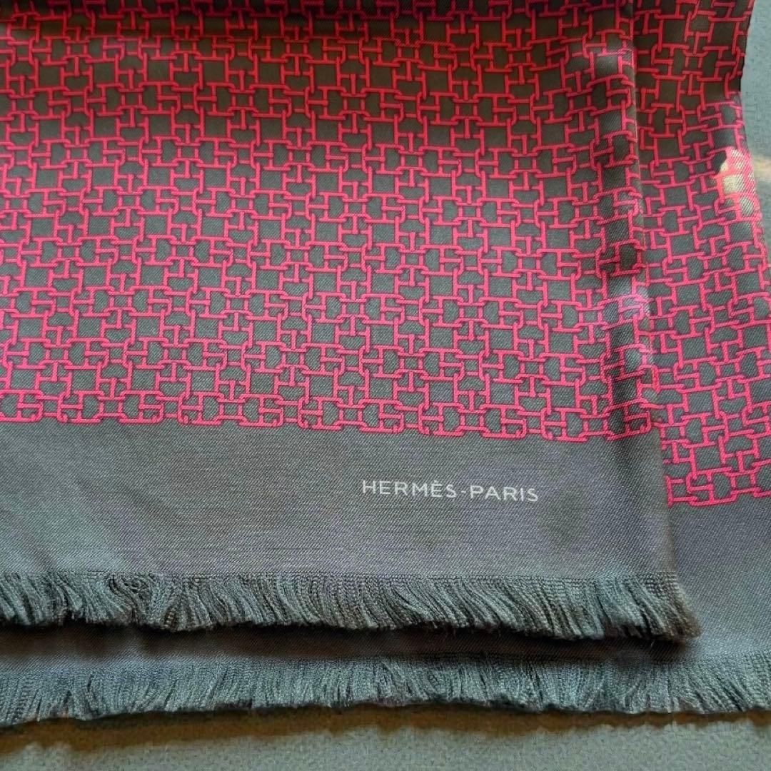 HERMES マフラー シルク カシミヤ混　リバーシブル　シェーヌダンクル　赤