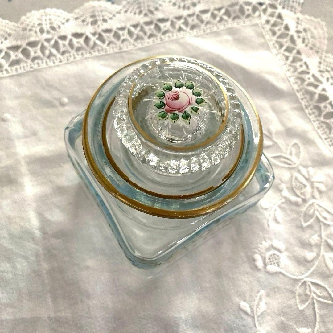 ♪アンティークヴィンテージ薔薇のガラスコットンキャニスター ケース保存容器ジャー