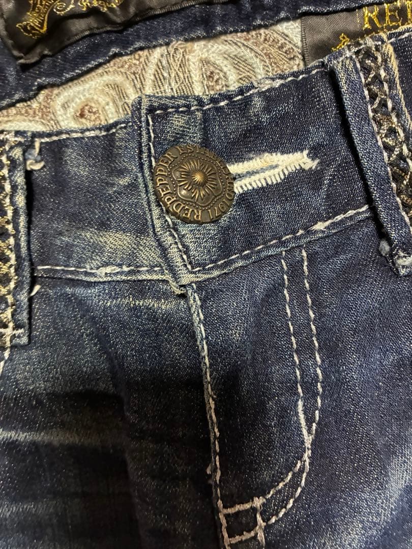 y2k レッドペッパー　スキニー　デニム　十字架　クロス　刺繍　ラメ