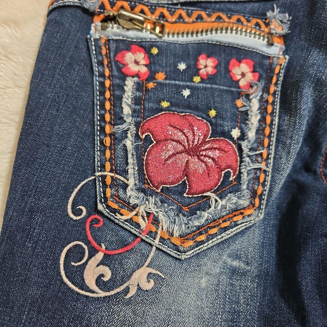 y2k グラスホッパー 美脚 ストレッチ ブーツカット デニム 蝶 刺繍