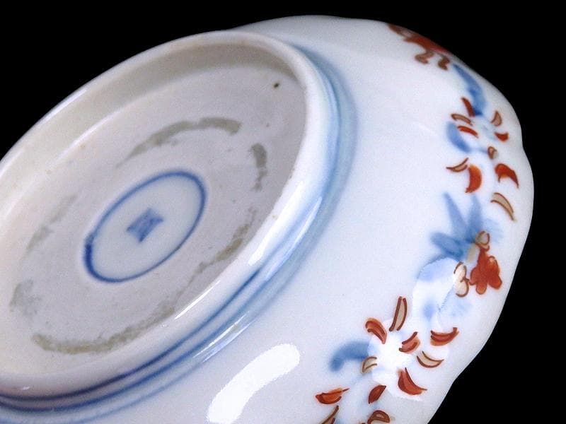 古伊万里　金襴手　椿に菊　花に扇の図　４寸皿　B273AS-fbur