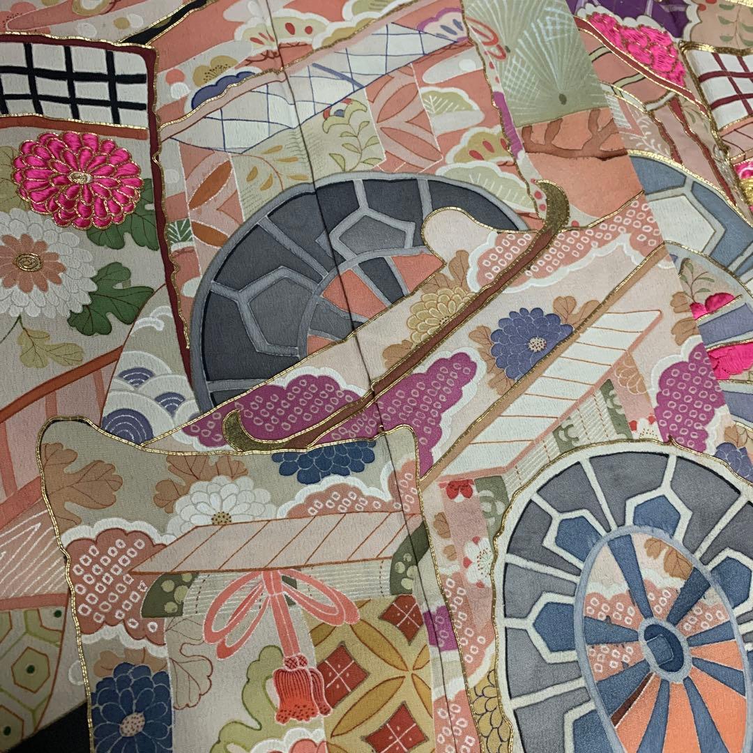 13★振袖　美品　縮緬　御所車松花刺繍　金駒刺繍　裄63cm★