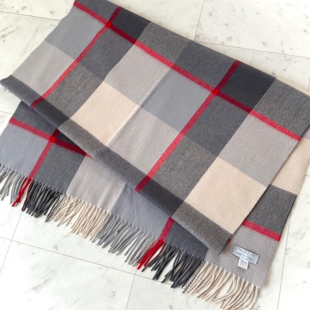 美品✨ジョシュアエリス 大判ストール チェック カシミヤ100% グレー レッド