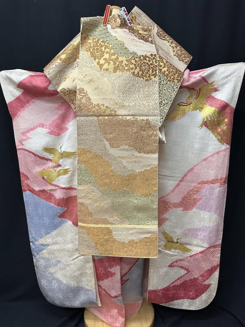 千總 白×ピンク地×ブルー 桶絞り 鳳凰 金駒刺繍 振袖 川島織物フルセット