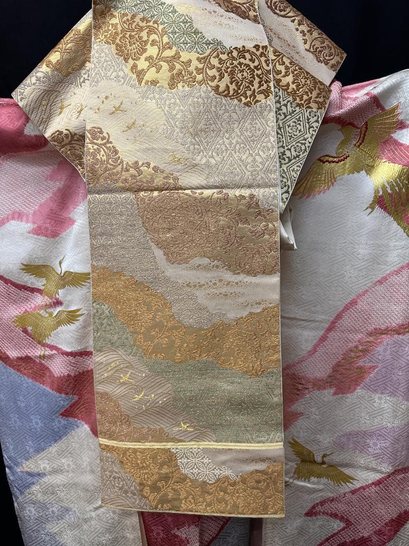 千總 白×ピンク地×ブルー 桶絞り 鳳凰 金駒刺繍 振袖 川島織物フルセット
