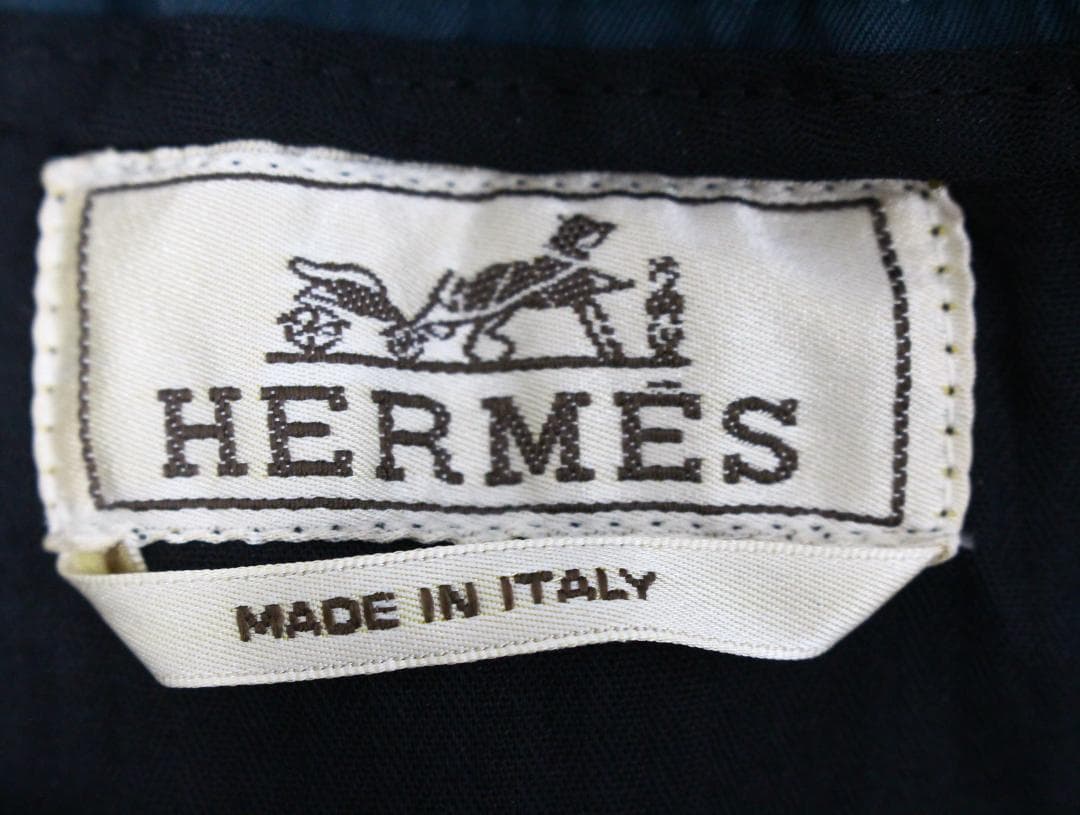 ◇HERMES メンズ コットンパンツ ダークグリーン×黄緑ライン 裾ジップ