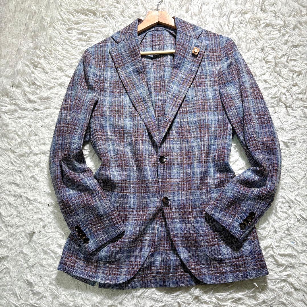 【美品】LARDINI テーラードジャケット　44 チェック　ウール　シルク