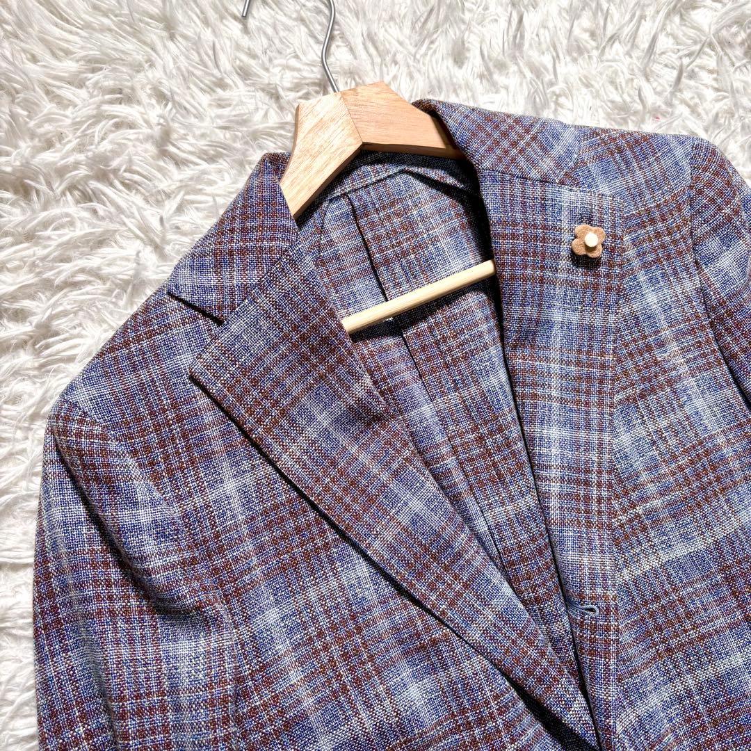 【美品】LARDINI テーラードジャケット　44 チェック　ウール　シルク