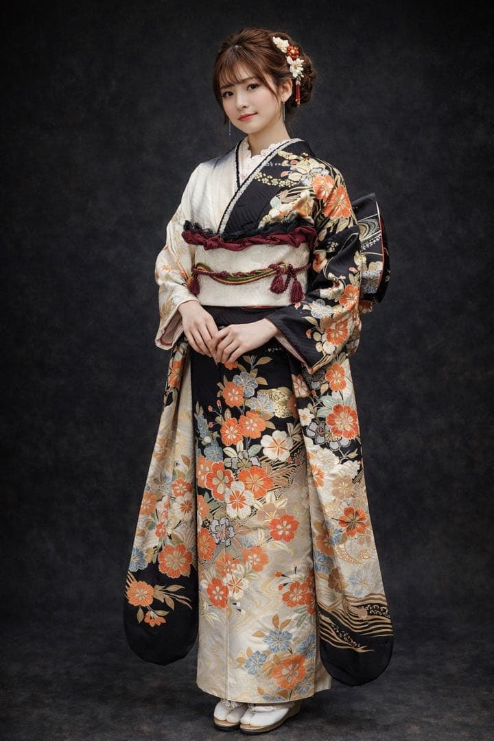 華やかな花柄振袖 正絹 成人式　振袖6点セット　振袖フルセット