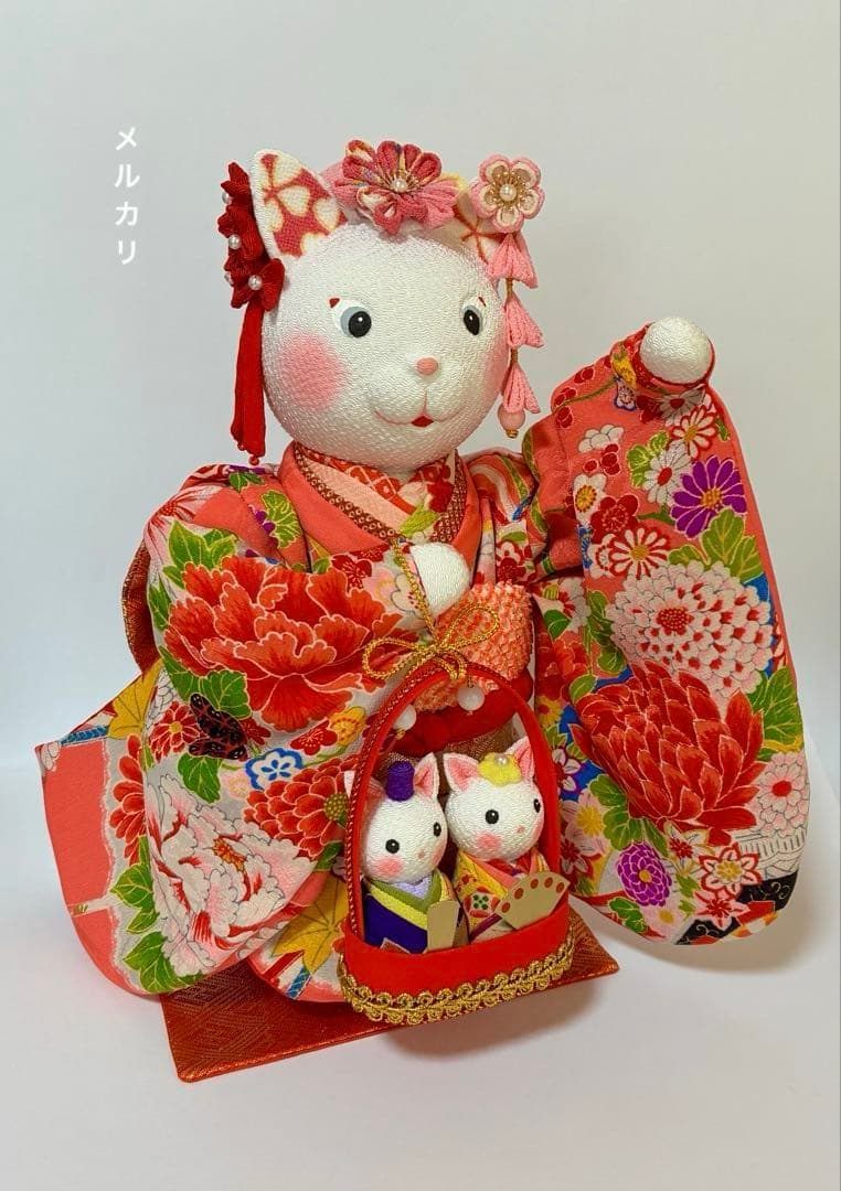 ねこの創作人形　ひな飾り　お雛様　招き猫　まねきねこ　ちりめん細工　桃の節句