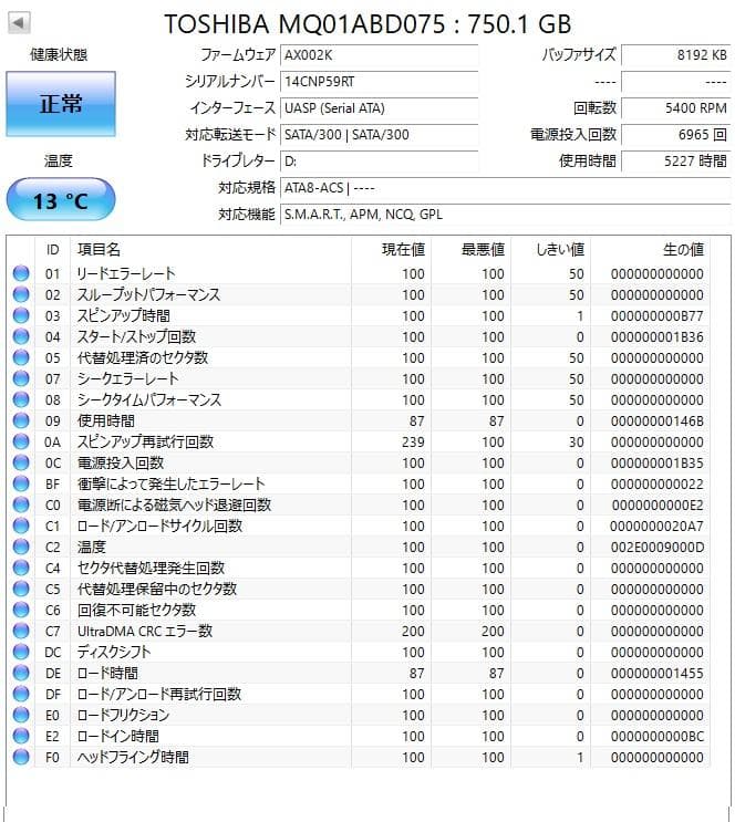 ✦動作正常✦2.5インチHDD 750GB×4 計3TB 東芝750 6-9